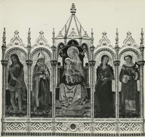 Istituto Centrale per il Catalogo e la Documentazione: Fototeca Nazionale — Alemanno Pietro - sec. XV - Madonna con Bambino in trono; San Giovanni Battista; San Nicola di Bari; Santa Maria Maddalena; San Leonardo — insieme